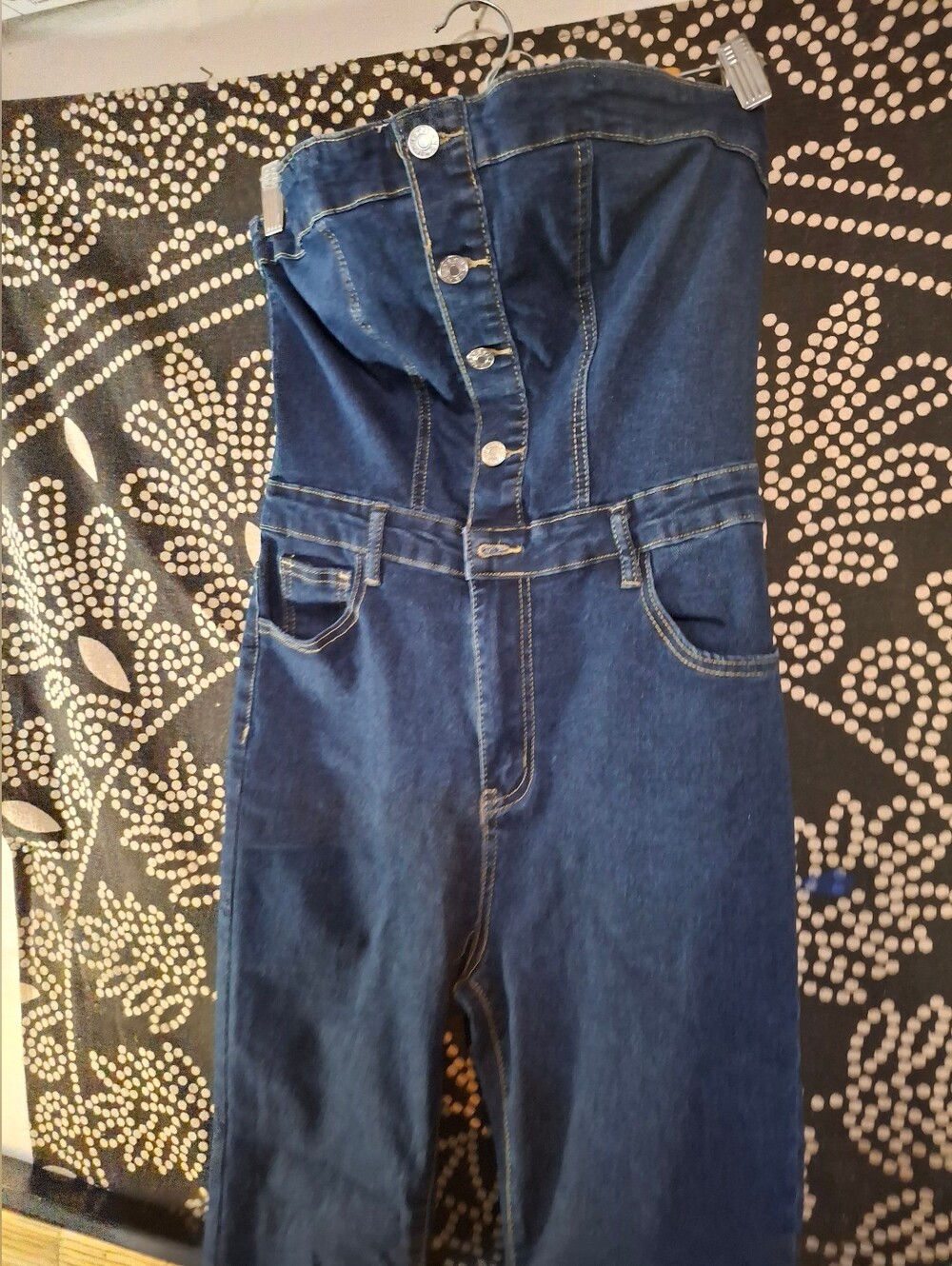 Denim Strapless Jumpsuit in Dark Blue